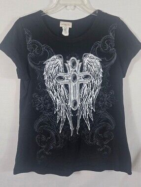 Vintage Y2K California Girlz Jr's Black Sequin Gothic Cross Wings T-shirt Sz XL